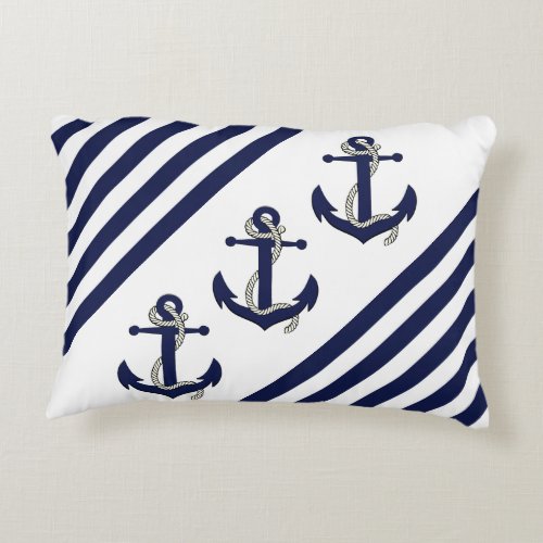 Nautical ShipBoat AnchorNavy blue stripes Accent Pillow