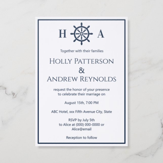 Nautical Ship Captain’s Wheel Couple Initials Letterpress Photo Cards (Front)