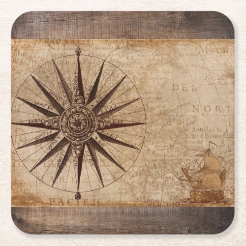 Nautical Ship Compass Antique Map Explore Square Paper Coaster