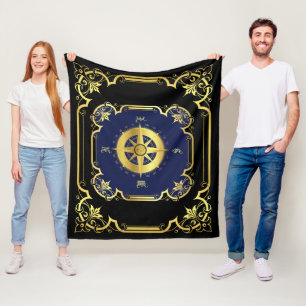 Nautical ship compass gilded black/gold/blue fleece blanket