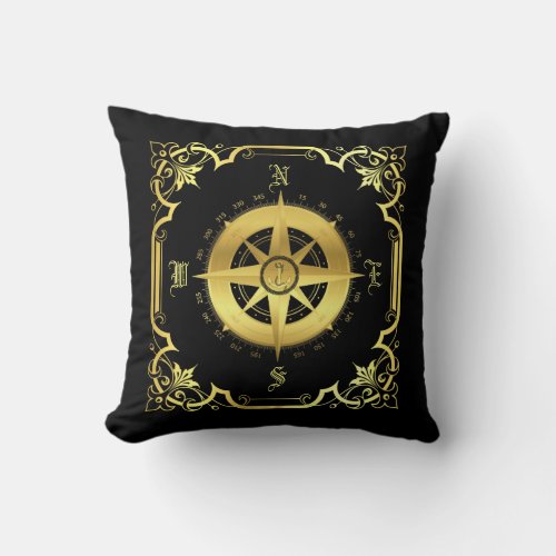 Nautical ship compass silhouettegoldblack throw pillow