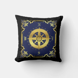 Nautical ship compass silhouette/gold/navy/blk throw pillow
