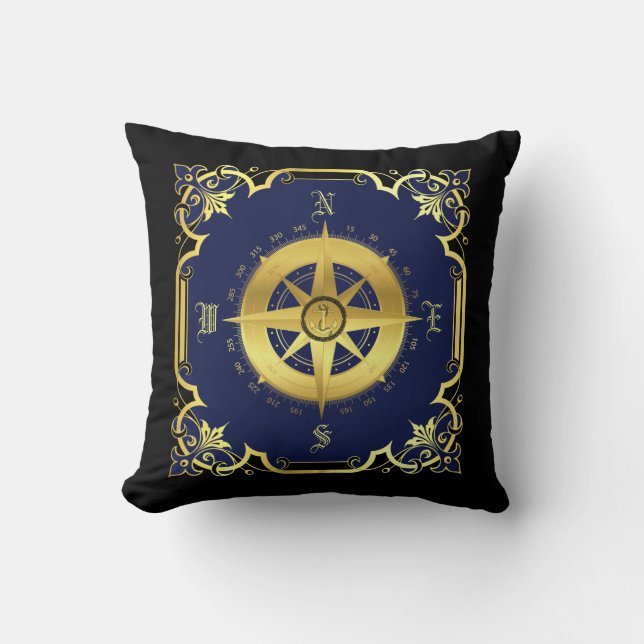 Nautical ship compass silhouette/gold/navy/blk throw pillow (Front)