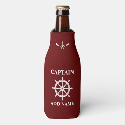 Nautical Ship Helm Anchor Oars Captain Name Red Bottle Cooler