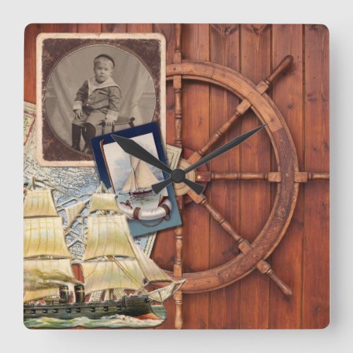 Nautical Ship Helm Vintage Photo Frame Antique Map Square Wall Clock