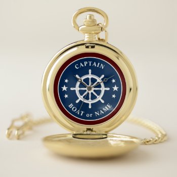 Nautical Ship Helm Wheel Captain Boat Name Navy Pocket Watch by AnchorIsle at Zazzle