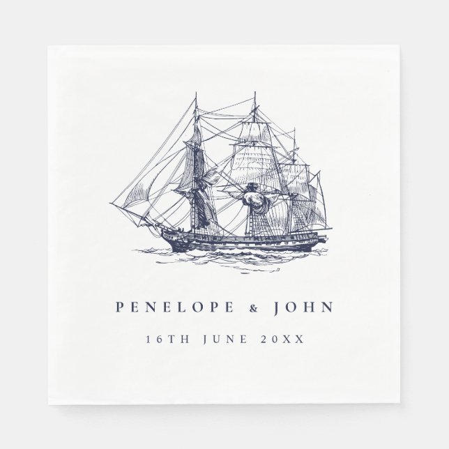 Nautical Ship Illustration Destination Wedding Napkins (Front)