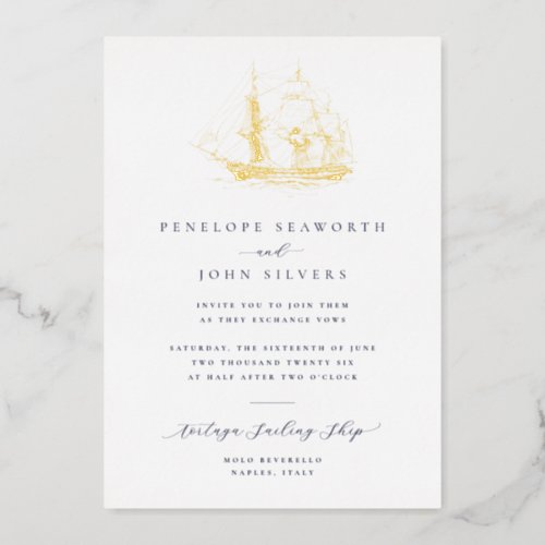 Nautical Ship Illustration Formal Wedding Foil Invitation