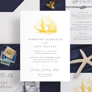 Nautical Ship Illustration Formal Wedding Foil Invitation