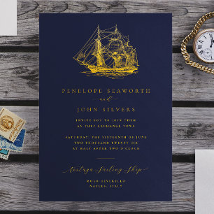 Nautical Ship Illustration Navy Blue Wedding Foil Invitation