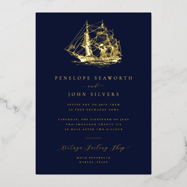 Nautical Ship Illustration Navy Blue Wedding Foil Invitation (Front)