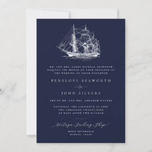 Nautical Ship Illustration Navy Formal Wedding Invitation