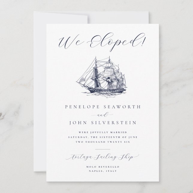 Nautical Ship Illustration Wedding Elopement Card (Front)