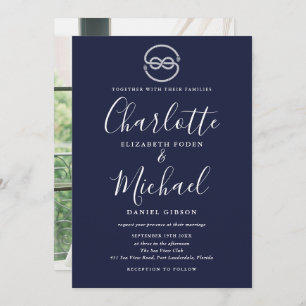 Nautical Ship Knot Navy Blue Script Photo Wedding Invitation