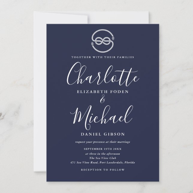 Nautical Ship Knot Navy Blue White Script Wedding Invitation (Front)