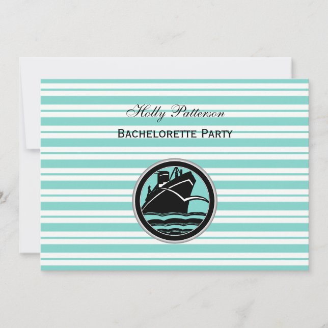 Nautical Ship Lt Blue White Stripe  H Bachelorette Invitation (Front)