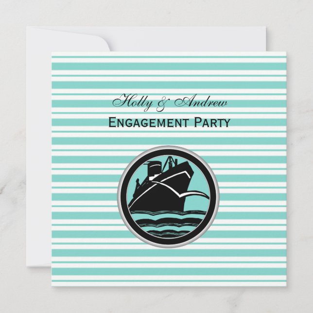Nautical Ship Lt Blue White Stripe SQ Engagement Invitation (Front)