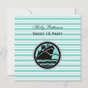 Nautical Ship Lt Blue White Stripe SQ Sweet 16 Invitation
