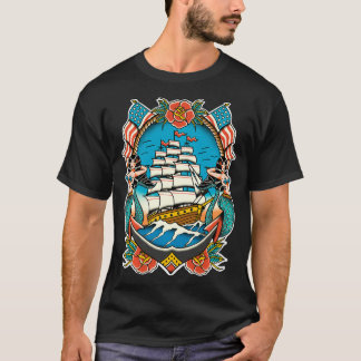 Nautical Ship Mermaid Anchor American Traditional T-Shirt