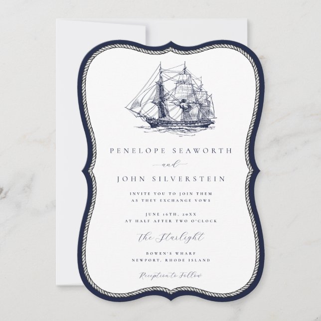 Nautical Ship Navy Rope Frame Bracket Wedding Invitation (Front)