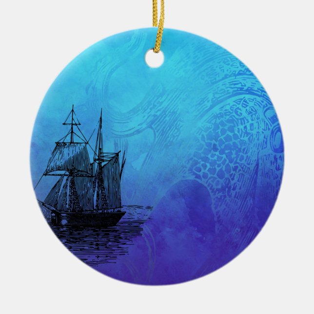Nautical Ship & Octopus Ceramic Ornament (Front)