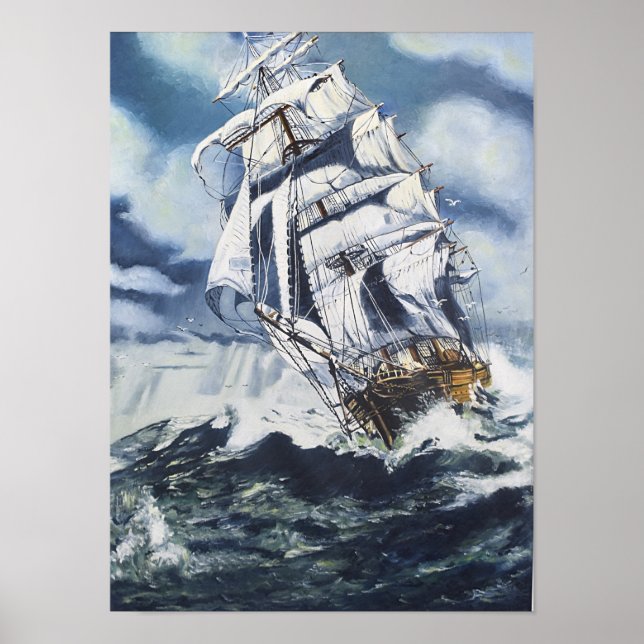 Nautical Ship on Ocean Painting Poster (Front)