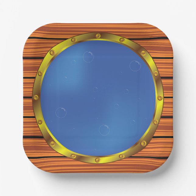 Nautical Ship Porthole Window with Blue Water Paper Plates (Front)