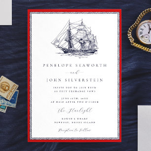 Nautical Ship Red Rope Frame Classic Wedding Invitation