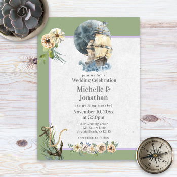 Nautical Ship - Sage And Lavender Floral Wedding Invitation by TheBeachBum at Zazzle