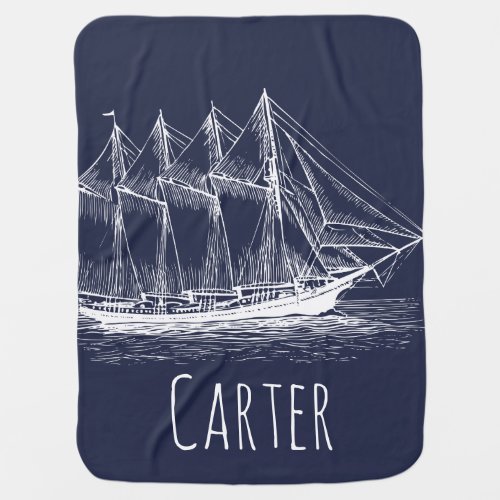 Nautical Ship Schooner  Navy Blue Babys Name Swaddle Blanket