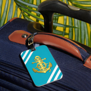Nautical ship wheel/anchor aqua-blue stripe/gold  luggage tag