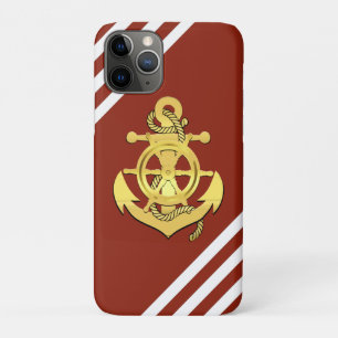 Nautical ship wheel/anchor brick-red stripe/gold iPhone 11 pro case