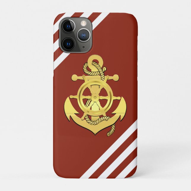 Nautical ship wheel/anchor brick-red stripe/gold  Case-Mate iPhone case (Back)