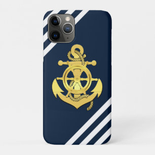 Nautical ship wheel/anchor navy-blue stripe/gold iPhone 11 pro case