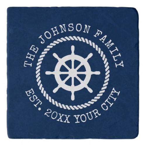 Nautical ship wheel and rope personalized trivet