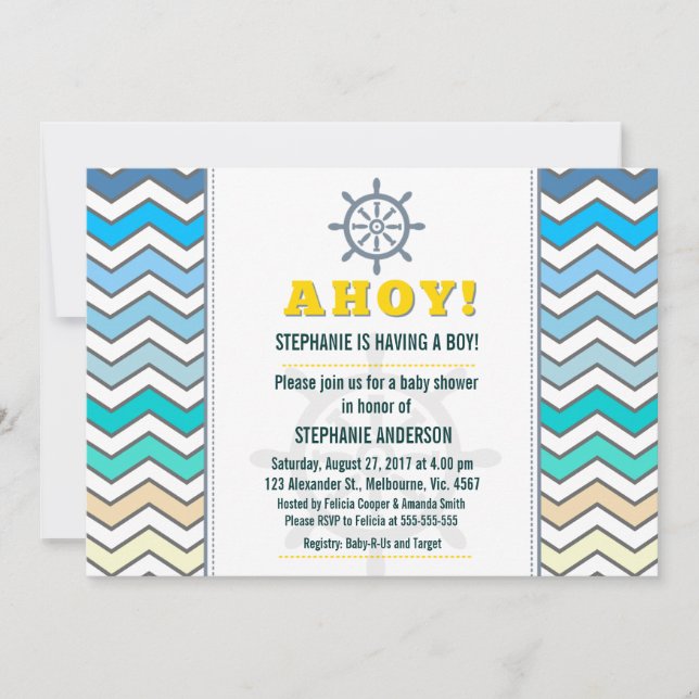 Nautical ship wheel baby boy shower invitation (Front)