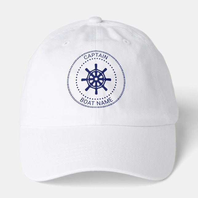 Nautical Ship Wheel Boat Name Captain Hat (Front)