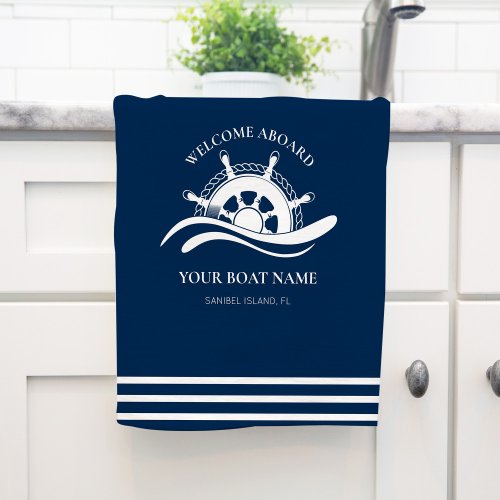 Nautical Ship Wheel Boat Name Navy Blue  Kitchen Towel