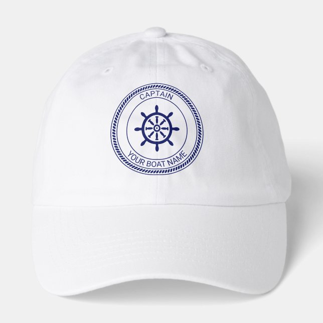 Nautical Ship Wheel Boat Name Rope #2 Captain Crew Hat (Front)