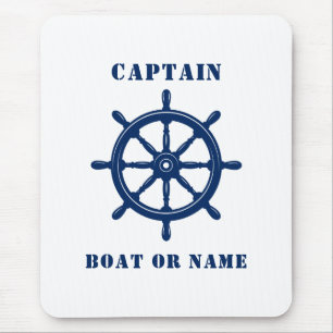 Nautical Ship Wheel Captain & Boat or Name Navy Mouse Pad