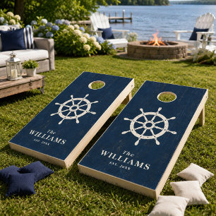 Nautical Ship Wheel Custom Family Name Coastal Cornhole Set