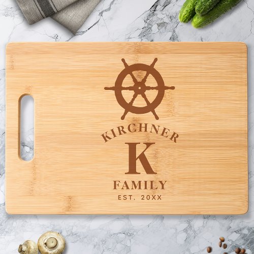 Nautical Ship Wheel Family Name Engraved Cutting Board