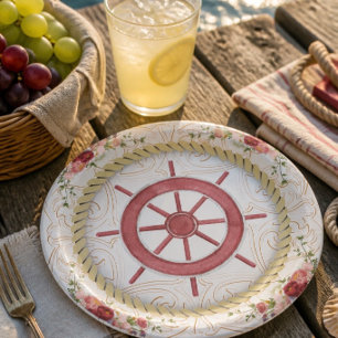 Nautical Ship Wheel & Floral Roseate Paper Plates