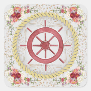 Nautical Ship Wheel & Floral Roseate Square Sticker