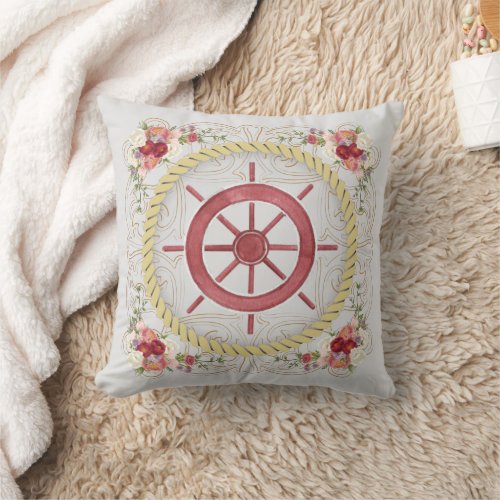 Nautical Ship Wheel  Floral Roseate Throw Pillow