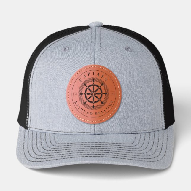 Nautical Ship Wheel Helm Leather Patch Hat (Front)