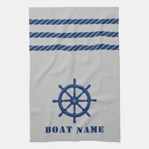 Nautical Ship Wheel Helm Rope Your Boat Name Gray Kitchen Towel