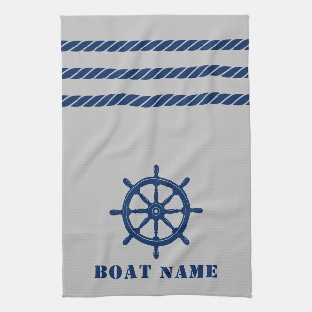 Nautical Ship Wheel Helm Rope Your Boat Name Gray Kitchen Towel (Vertical)