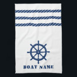 Nautical Ship Wheel Helm Rope Your Boat Name White Kitchen Towel<br><div class="desc">Custom Nautical Ships Wheel Helm and Rope Stripes with Your Personalized Boat Name in Deep Navy Blue on a White Kitchen Towel.</div>