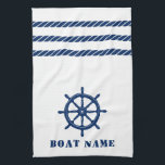 Nautical Ship Wheel Helm Rope Your Boat Name White Kitchen Towel<br><div class="desc">Custom Nautical Ships Wheel Helm and Rope Stripes with Your Personalized Boat Name in Deep Navy Blue on a White Kitchen Towel.</div>